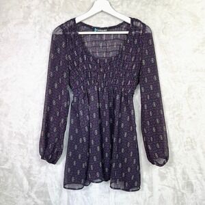 Vintage Weavers Sheer Floral Boho XS Tunic Top Smocked Waist 70s Revival Purple